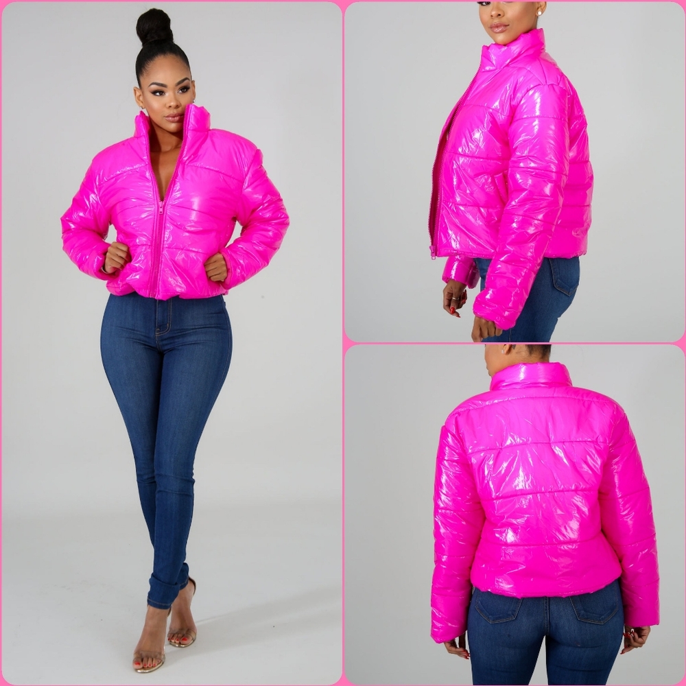 Hot Pink Shiny PVC Crop Bubble Fashion Jacket